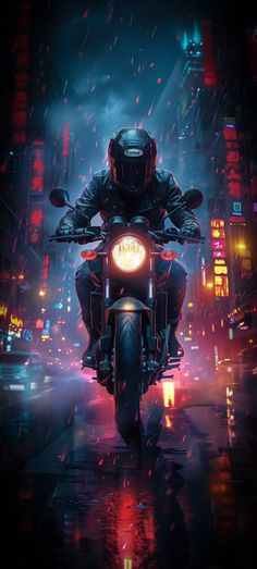 a man riding on the back of a motorcycle down a rain soaked street at night