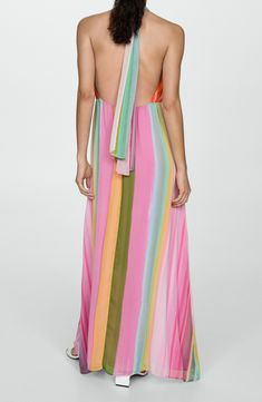 Colorful stripes splash bright energy onto this maxi-length sundress with a stunning open back. Ties at neck Halter neck Adjustable tie straps Lined 100% polyester Machine wash, line dry Made in Turkey Striped Maxi Dress For Beach Cover-up, Chic Multicolor Maxi Dress For Beach Party, Chic Multicolor Maxi Dress For Beach Cover-up, Chic Multicolor Maxi Dress For Summer Parties, Multicolor Backless Dress For Beach Party, Striped Bohemian Maxi Dress For Summer, Bohemian Striped Maxi Dress For Summer, Spring Tie-back Maxi Beach Dress, Chic Multicolor Summer Beach Dress