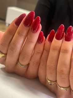 red almond nails, gold rings Plain Red Almond Nails, Nail Inspo Red Almond, Red Acrylics Almond, Red Almond Nails Acrylic, Solid Red Nails Acrylic, Almond Red Nails Short, Red Acrylic Nails Almond Shape, Red Gel X Nails Almond, Red Prom Nails Almond