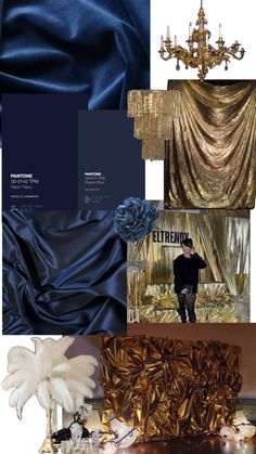 a collage with gold, blue and black color scheme for interior decorating in the style of chandelier