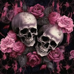 two skulls surrounded by roses on a black background