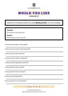 #wouldyoulike #wouldyoulikeworksheet #english #englishgrammar #esl #eslworksheet #engblocks #eslwebsite English Grammar Exercises, English Teaching Resources, Grammar Exercises, English Grammar Worksheets, Grammar Worksheets, Play Tennis, Esl Worksheets, Learn Japanese, English Class