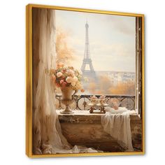 an oil painting of the eiffel tower in paris, with flowers on a table