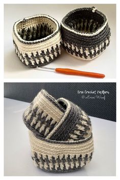 crocheted slippers are made with two different types of yarn and one is black and white