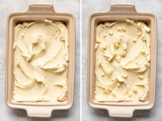 two pans filled with mashed potatoes sitting on top of a white counter next to each other