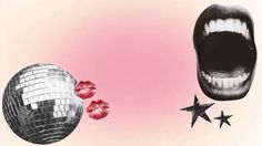 an image of a disco ball and mouth with lipstick on it's lips next to stars