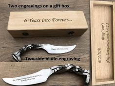 two knives in a wooden box with instructions on how to use them for gifting