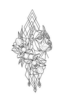 a black and white line drawing of flowers on a geometric background with an animal's head in the center