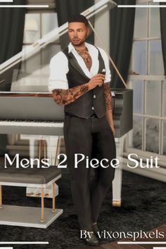 a man standing in front of a piano with his arms crossed and the words men's 2 piece suit on it