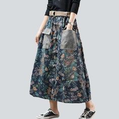 Introducing the 2023 Spring-Summer Collection's cargo jeans skirt with flowers a fresh take on urban flair that is sure to make you stand out! This tall-waisted. long. and painted piece is the perfect blend of contemporary trendy and nostalgic grunge. with a unique distressed pattern and rubber closure for maximum comfort and style.Why It's A Must-Have Grunge Vibes: Embrace the '90s vibe without compromising on sophistication. Distinctive Design: The unique distressed pattern and rubber closure Cargo Jeans Skirt, Unique Street Style, Long Jeans Skirt, Skirt With Flowers, Color Clothes, Womens Denim Skirts, Denim Pattern, Grunge Vibes, Jeans Skirt