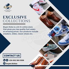 an advertisement for shoes that are available in different colors and sizes, including blue, white,