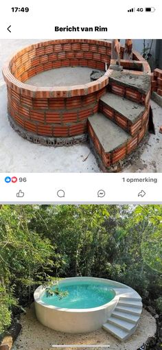 an outdoor hot tub in the middle of a garden with steps leading up to it