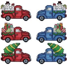 cross stitch christmas vehicles with presents on the back