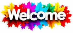 the word welcome is surrounded by colorful autumn leaves in white letters on a white background