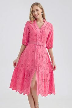 Vacation Romance Eyelet Midi Dress | Jewelclues #color_hot pink Fitted Midi Dress With Cutwork Hem And Short Sleeve, Chic V-neck Eyelet Dress, Spring Midi Dress With Cutwork Hem And Short Sleeves, Fitted V-neck Eyelet Dress, Midi Dress With Cutwork Hem And Short Sleeves, Spring Eyelet Midi Dress, Chic Eyelet V-neck Dress, Elegant Short Sleeve Eyelet Dresses, Summer Midi Dress With Cutwork Hem And Short Sleeves