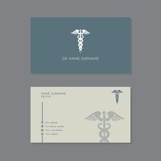 a medical business card with a cadus symbol on the front and back, in grey tones