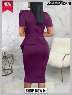 Women Summer Purple Formal Bow Short Sleeves Solid Knee-length Office Dress Long Sleeve Mermaid Dress, Summer Formal, Round Neck Dress, Summer Bodycon Dress, Bow Shorts, Sequin Bodycon Dress, Lady Dress, Office Dress, Round Neck Dresses