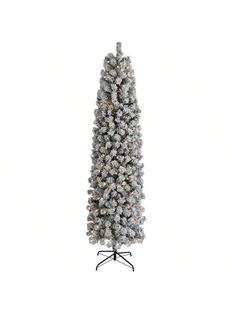 a white christmas tree with silver lights on it's top and black stand, in front of a white background