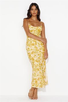 Length from shoulder to hem of size S: 130cm. Chest: 40cm, Waist: 35cm, size S. Maxi dress. Yellow/orange. Lined. Model is a standard XS and is wearing size XS. True to size. Non-stretch. Straight silhouette. Patterned. Split. Slip on. Cold hand wash only. Polyester. Dance all day in the Garden Oasis Maxi Dress. Featuring a straight silhouette and a gorgeous patterned design - we're in love! Style with sandals and you're ready to go. First Day Outfit, Prom Shopping, Jaune Orange, Bridal Shower Dress, Garden Oasis, Shower Dresses, Dress Yellow, Dresses Backless, Long Sleeve Lace Dress