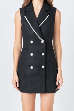 Channel elegance and sophistication with our Pearl Trim Sleeveless Dress. Made with high-quality tweed fabric, this blazer dress will elevate your style instantly. The mini length adds a touch of playfulness, while the collar and lapel add a touch of refinement. But what sets this dress apart is the delicate pearl trim detail that adds a hint of luxury to your outfit. Perfect for any occasion, this dress is a must-have for the fashion-forward woman. Tweed Blazer dress Mini length Collar and lapel Sleeveless Double breast Pearl button Pearl trim detail at lapel Lining Hand wash cold Do not bleach Do not tumble dry Iron low Shell: 100% Polyester Lining: 100% Polyester HN3351D Total length: 33.25" Bust: 35" S Elegant Sleeveless Tweed Dress For Formal Occasions, Elegant Sleeveless Tweed Dress, Fitted Sleeveless Tweed Dress For Formal Occasions, Chic Sleeveless Tweed Mini Dress, Elegant Sleeveless Tweed Mini Dress, Elegant Tweed Dress With Buttons For Party, Sleeveless Tweed Mini Dress For Work, Chic Sleeveless Tweed Dress, Elegant Party Tweed Dress With Buttons