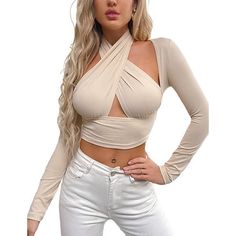 Apricot Crisscross Neck Cut-out Crop Tops Blusas Top, Halter Neck Crop Top, Vintage Crop Tops, Autumn Clothes, Top Streetwear, Crop Top Outfits, Long Sleeve Turtleneck, Neck Crop Top, Spring Shirts