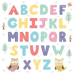 an alphabet with owls and trees