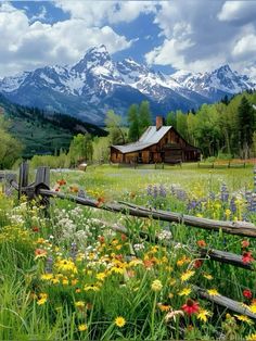 a house in the mountains surrounded by wildflowers and other flowers with a wooden fence