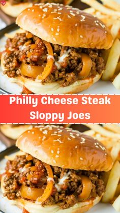 two cheese steak sloppy joes with fries on the side