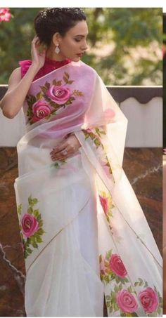 Floral Sarees, Saree Floral, Hand Painted Dress, Digital Flower, Organza Blouse, Sari Dress, Hand Painted Sarees