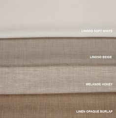 four different colors of linens with the names and description for each item in this image