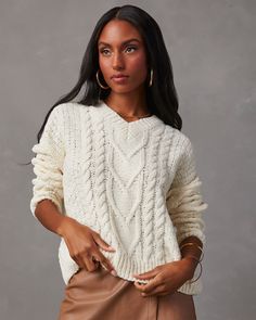 Keep it cute and cozy in the Corey Relaxed Cable Knit Sweater. It features a ribbed V-neckline, hem & cuffs and is made from soft, chunky cable knit fabric. Pair this fall staple with faux leather bottoms or your favorite denim. Relaxed fit V-neckline Long sleeves Ribbed trim Soft, chunky cable knit fabric Runs Large Cozy Cable Knit Sweater For Cold Weather, Cozy Knit V-neck Sweater For Fall, Cozy Cable Knit V-neck Sweater For Winter, Cozy Knitted V-neck Sweater For Fall, Cozy Long Sleeve Cable Knit V-neck Sweater, Cozy Fit Knit V-neck Sweater, Cozy Ribbed V-neck Sweater For Winter, Cozy Ribbed V-neck Winter Sweater, Cable Knit V-neck Winter Sweater