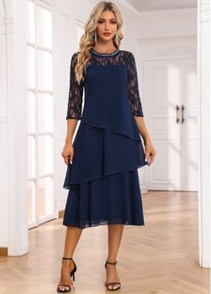 Color:Navy;Size:S;Size:M;Size:L;Size:XL;Size:XXL;Package Contents:1 X Dress;Occasion:Other;Style:Casual; Navy Dress Outfit Wedding, Wedding Guest Dress Classy, Mum Wedding, Blue Dress Outfits, Party Dress Classy, Lace Panel Dress, Round Neck Dress, Dresses Classy, Flowy Design