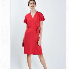 Bright Coral Wrap Dress. 97% Polyester, 3% Elastane. Spring A-line Wrap Dress For Workwear, Elegant Red Wrap Dress For Spring, Topshop Dresses, Red Tie, Tie Waist Dress, Crepe Dress, Coral Color, Dressed Down, Color Orange