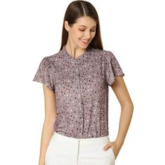 The charming dots added on a soft woven top sweeten any look in a shirred-front style with flutter sleeves. This short-sleeve blouse is a new take on the dotted print with an abstract-inspired design. It is made from a lightweight, floaty fabric with ruffled detailing on the neckline for gentle shaping and it features a button placket for a neat silhouette. Balance the regular fit with flared skirts and sandals for a going-out look. Affordable Swiss Dot Casual Blouse, Cheap Spring Blouse With Collared Neckline, Cheap Spring Blouse With Covered Buttons, Affordable Cotton Blouse With Button Closure, Cheap Daywear Blouse With Buttons, Affordable Blouse With Button Closure For Day Out, Cheap Short Sleeve Blouse With Back Button Closure, Cheap Short Sleeve Tops With Button Cuffs, Affordable Cotton Short Sleeve Blouse