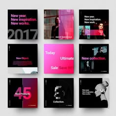 the new year's sales brochure is displayed in black and pink colors