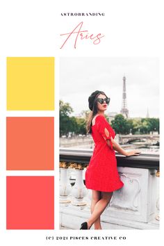 a woman in a red dress is standing near the eiffel tower with her hands on her hips