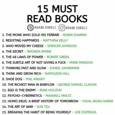 the 15 must read books list is shown in black and white, with green lettering