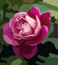 a painting of a pink rose with green leaves