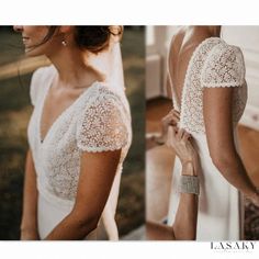 two pictures of a woman wearing a wedding dress and holding her hand out to the side