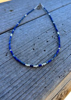 "This beautiful, petite necklace was made using 2 mm Lapis Lazuli tube beads and 925 sterling silver beads. It looks delicate, but is well built for years of wearing. 19 1/4\" $38 640B" Petite Necklace, Heirloom Jewelry, Heirlooms Jewelry, Tube Beads, Beaded Necklaces, Family Heirloom, Sterling Silver Bead, Sterling Silber, Silver Beads