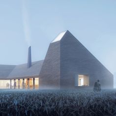 an image of a building that looks like it is in the middle of corn field