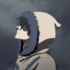 an anime character with blue hair wearing a white hoodie and looking into the distance