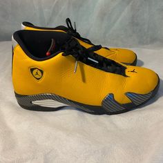 Size 9.5 Sporty Yellow Leather Sneakers, Yellow Leather Sneakers, Yellow Leather Basketball Shoes With Rubber Sole, Yellow Leather Sneakers With Boost Midsole, Yellow Leather Basketball Shoes With Boost Midsole, Yellow High-top Leather Running Shoes, Sporty Yellow Jordan Lace-up Shoes, Sporty Yellow Leather Jordan Shoes, Yellow Lace-up Leather Jordan Shoes