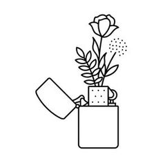 a black and white line drawing of a flower in a vase with a sprayer