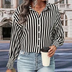 Striped Shirt Women, Traje Casual, Striped Long Sleeve Shirt, Tailored Trousers, Casual Fits, Striped Long Sleeve, Urban Fashion, Striped Shirt