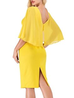 Women's Sheath Dress Knee Length Dress Yellow Half Sleeve Solid Color Print Summer Round Neck Hot Sexy S M L Xl Xxl Elegant Yellow Stretch Mini Dress, Elegant Yellow Stretch Bodycon Dress, Yellow Stretch Elegant Bodycon Dress, Fitted Yellow Chiffon Mini Dress, Womens Sheath Dress, Pleated Sleeves, Dress Knee Length, Dress Yellow, Knee Length Dresses