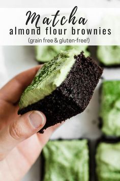 a hand holding a chocolate matcha cupcake with green frosting on it and the text overlay reads matcha almond flour brownies