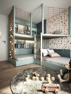 a bedroom with bunk beds and toys on the floor in front of a round rug