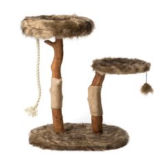 the cat tree is made out of wood and has two poles with fur on them