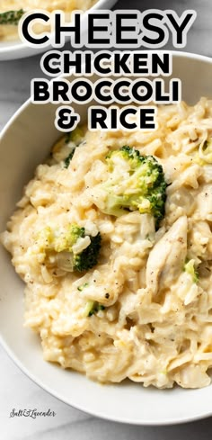 two bowls filled with cheesy chicken broccoli and rice on top of a table